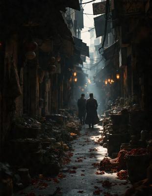 The primary subject of the image is a man and a woman walking down a narrow alleyway. The setting is a dark, narrow street with a few people around. The visual style is a black and white photo, giving the image a classic and timeless feel. The colors and mood are predominantly dark, with the alleyway and the people's clothing creating a sense of mystery and intrigue.